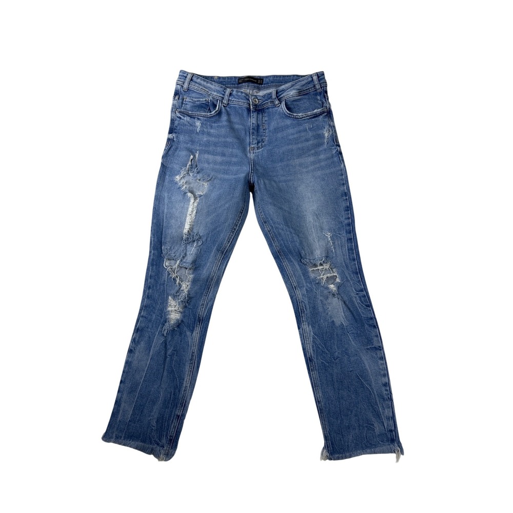 Zara Trafaluc Distressed Straight Leg Jeans Blue Medium Wash Raw Hem Size 30